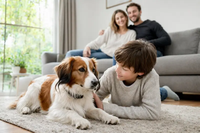 Ein Niederländisches Kooikerhondje liegt entspannt neben einem Kind im hellen Wohnzimmer, während die Eltern im Hintergrund eine sichere Familienatmosphäre schaffen.