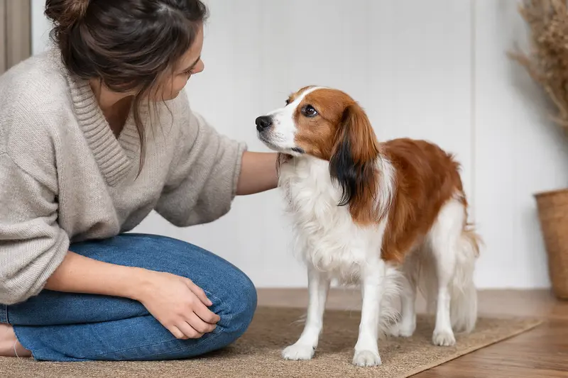 Ein aufmerksames Niederländisches Kooikerhondje steht in natürlicher Haltung vor hellem neutralem Hintergrund.