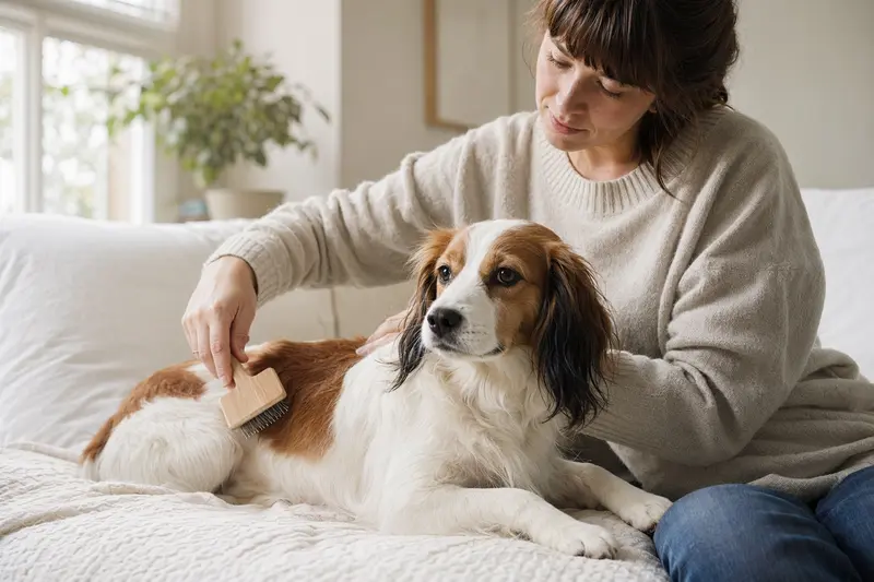 Ein Niederländisches Kooikerhondje wird in einer hellen Wohnung sanft gebürstet, während die Besitzerin liebevoll die Fellpflege übernimmt.