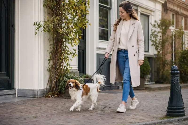 Ein Niederländisches Kooikerhondje läuft an der Leine neben seinem Besitzer durch eine saubere moderne Stadtstraße.