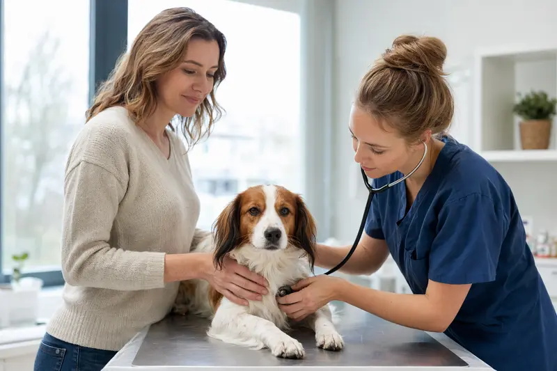 Ein ruhiger Niederländisches Kooikerhondje Hund wird freundlich von einer Tierärztin mit einem Stethoskop untersucht, während der Besitzer beruhigend daneben steht.