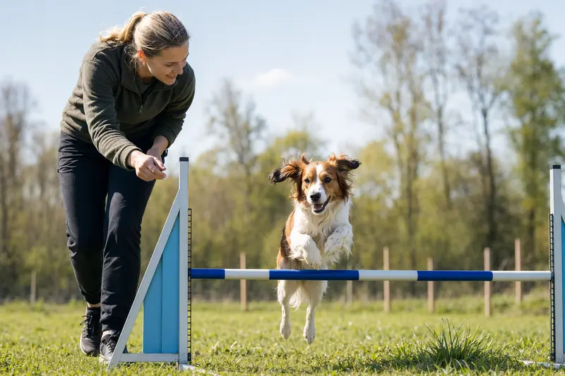 Ein aktives Niederländisches Kooikerhondje springt mit seinem Besitzer über eine kleine Trainingshürde auf dem Hundeplatz.