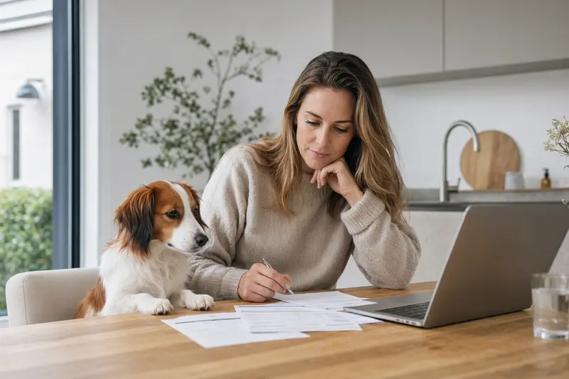 Ein Niederländisches Kooikerhondje sitzt ruhig neben seinem Besitzer am Küchentisch mit Versicherungsunterlagen und Laptop.