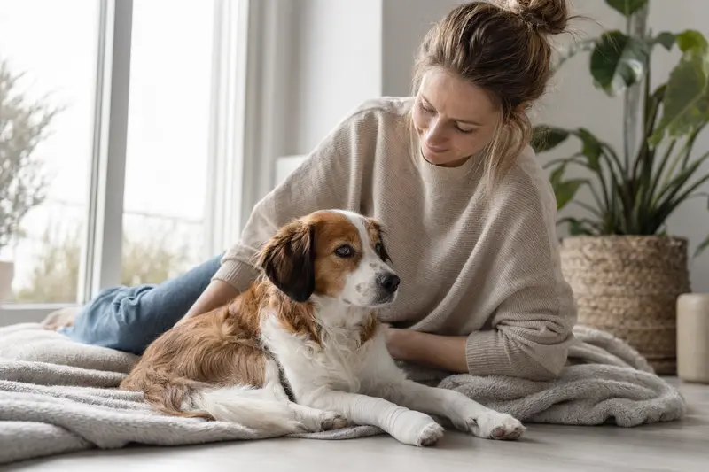 Ein Niederländisches Kooikerhondje mit leichtem Verband an der Pfote liegt ruhig auf einer Decke neben seinem erleichterten Besitzer in einer hellen Wohnung.