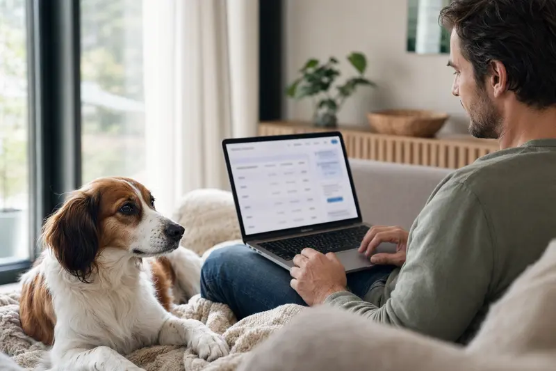 Ein Besitzer arbeitet am Laptop auf dem Sofa, während ein Niederländisches Kooikerhondje entspannt daneben sitzt.