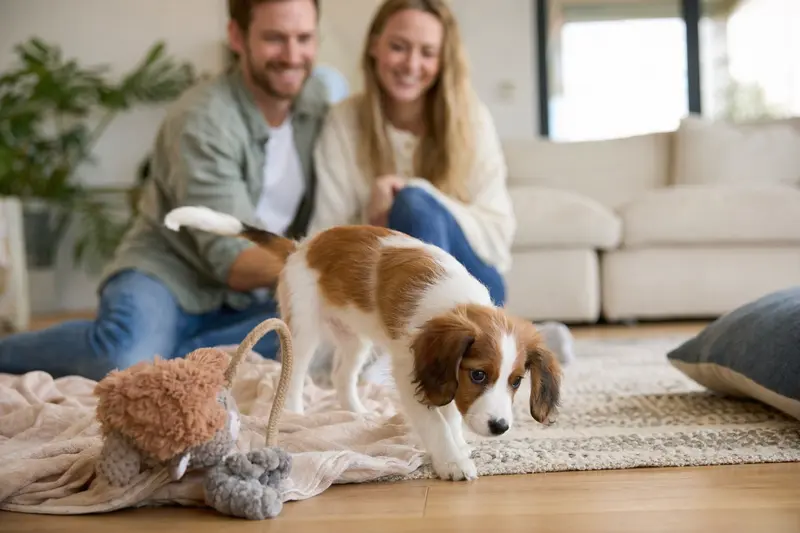 Ein neugieriger Kooikerhondje Welpe entdeckt seine neue, liebevolle Umgebung mit Spielzeug und Familie im Hintergrund.