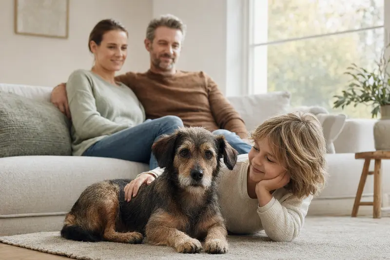 Ein freundlicher Niederlaufhund liegt entspannt neben einem Kind im hellen Wohnzimmer, während die Eltern im Hintergrund eine sichere Familienatmosphäre schaffen.
