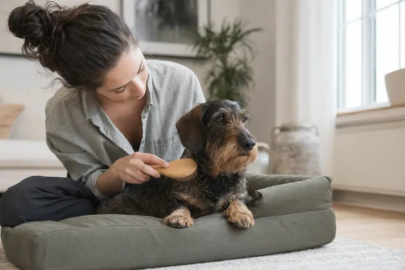 Ein Niederlaufhund wird in einer hellen Wohnung liebevoll gebürstet, während der Besitzer die Fellpflege ruhig und sorgfältig übernimmt.