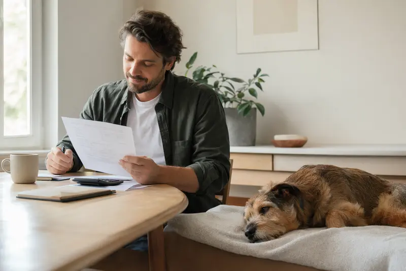 Hundebesitzer sitzt mit Tierarztrechnung am Tisch, während ein entspannter Niederlaufhund auf einer Decke liegt – ein ruhiges Bild zum Thema Tierarztkosten und Hundekrankenversicherung.