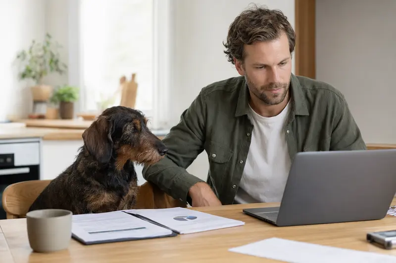 Ein Niederlaufhund sitzt ruhig neben seinem Besitzer am Küchentisch mit Versicherungsunterlagen und einem Laptop mit Vergleichsseite, was die Entscheidung für eine Hundeversicherung im Alltag veranschaulicht.