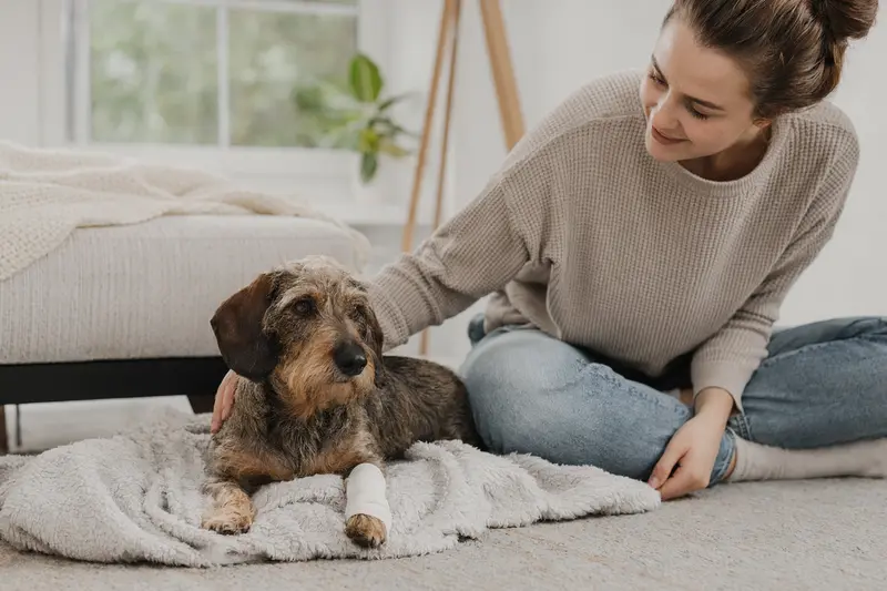 Ein Niederlaufhund mit leichtem Verband an der Pfote liegt ruhig auf einer Decke neben seinem erleichterten Besitzer in einer hellen Wohnung.