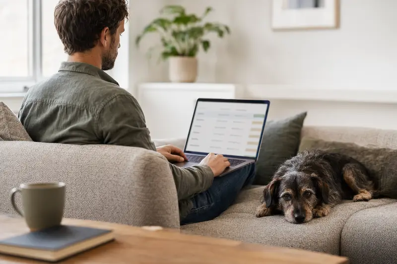 Ein Hundebesitzer arbeitet am Laptop auf dem Sofa, während sein niederlaufender Hund neben ihm sitzt, was Sicherheit bei der Tierabsicherung symbolisiert.