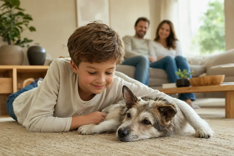 Ein freundlicher Nippon-Terrier liegt entspannt neben einem Kind im Wohnzimmer, während die Eltern im Hintergrund eine warme Familienszene schaffen.
