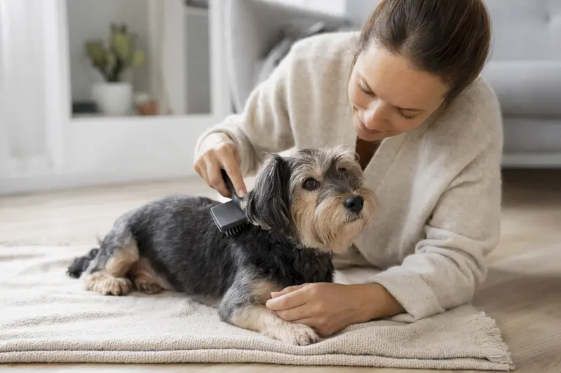 Ein Nippon-Terrier wird zuhause sanft gebürstet, während sein Besitzer die Fellpflege liebevoll übernimmt.