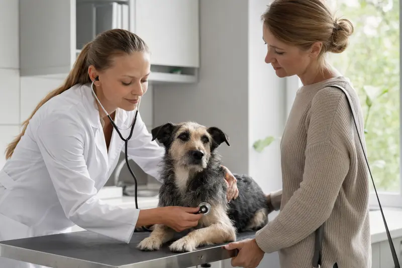Ein ruhiger Nippon-Terrier Hund wird von einer Tierärztin in einer modernen Praxis mit einem Stethoskop untersucht, während der Besitzer beruhigend danebensteht.