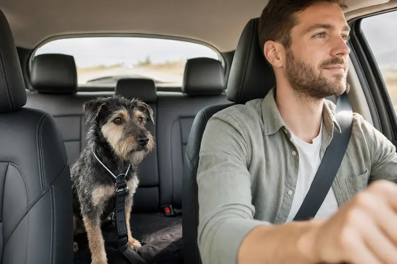 Ein Nippon-Terrier sitzt sicher angeschnallt auf der Rückbank eines Autos und verdeutlicht verantwortungsvolle Hundesicherung im Alltag.
