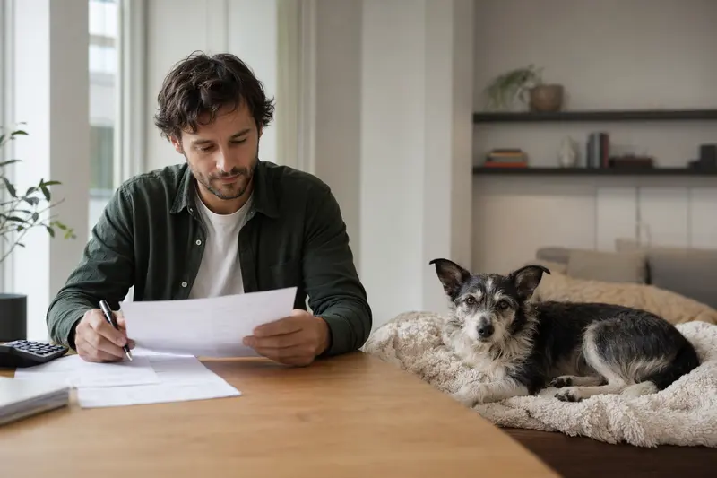 Ein Hundebesitzer sitzt mit einer Tierarztrechnung am Tisch, während ein entspannter Nippon-Terrier auf einer Decke in der hellen Wohnung liegt und die Situation ruhig mit einem Hundeversicherung-Kontext verbindet.