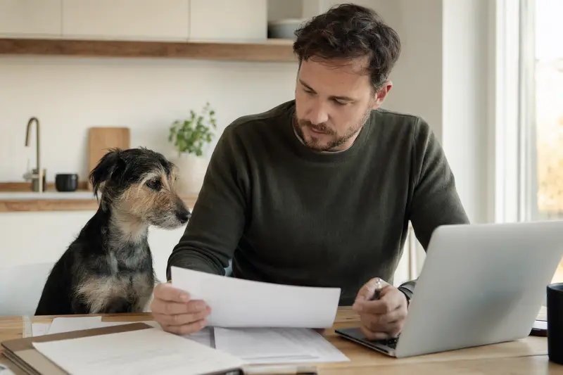 Ein Nippon-Terrier sitzt ruhig neben seinem Besitzer am Küchentisch mit Versicherungsunterlagen und Laptop zur Hundekrankenversicherung.