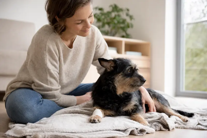 Ein Nippon-Terrier mit leicht verbundenen Pfote liegt ruhig auf einer Decke, während sein Besitzer erleichtert neben ihm sitzt.