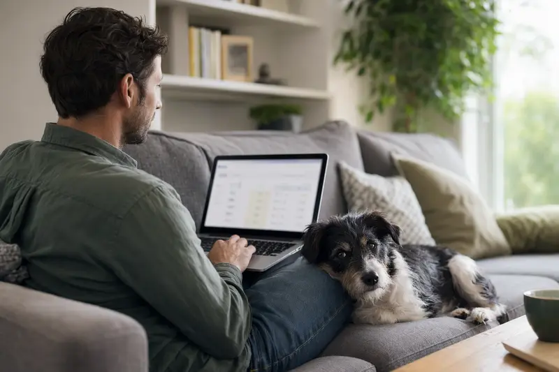 Ein Hundebesitzer sitzt mit einem Laptop auf dem Sofa, während ein Nippon-Terrier daneben liegt und eine neutrale Versicherungsvergleichs-Oberfläche anzeigt.