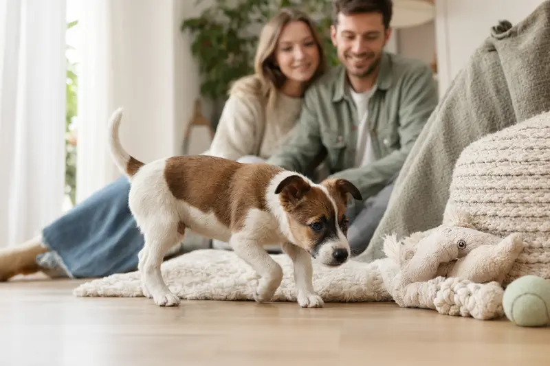 Ein neugieriger Nippon-Terrier Welpe erkundet sein neues Zuhause mit einer liebevollen Familie im Hintergrund.