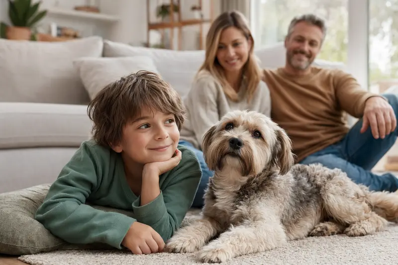 Ein freundlicher Terrier liegt entspannt neben einem Kind im Wohnzimmer, während die Familie im Hintergrund sitzt.
