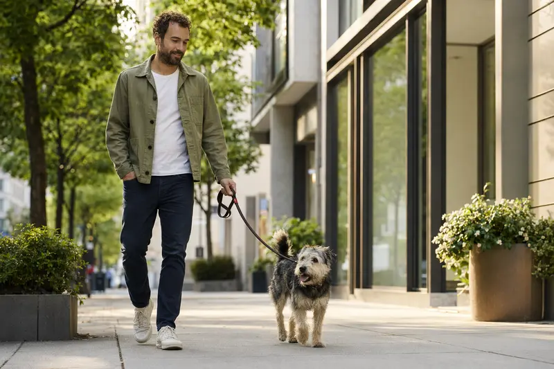 Ein Nishon-Terrier läuft an der Leine mit seinem Besitzer durch eine moderne Stadtstraße in ruhiger Alltagssituation.