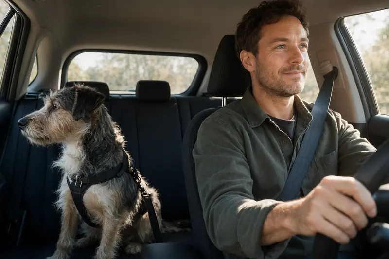 Ein Nishon-Terrier sitzt sicher angeschnallt auf der Rückbank eines Autos, während der Besitzer ruhig fährt und Sonnenlicht durch das Fenster fällt.