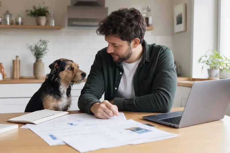 Ein Nishon-Terrier sitzt ruhig neben seinem Besitzer am Küchentisch mit Versicherungsunterlagen und einem Laptop mit neutraler Vergleichsseite, passend zum Thema Tierkrankenversicherung.