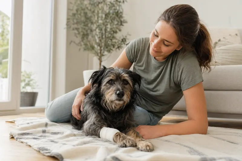 Ein Nishon-Terrier mit leichtem Verband an der Pfote liegt ruhig auf einer Decke, während sein Besitzer neben ihm erleichtert sitzt.