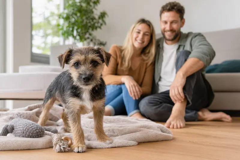 Ein neugieriger Nishon-Terrier Welpe entdeckt sein neues Zuhause mit einer weichen Decke und Spielzeug.