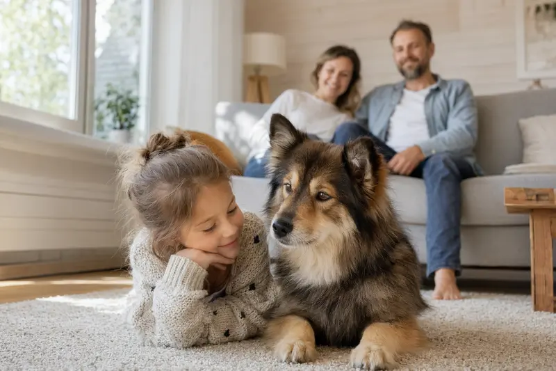 Ein freundlicher Norbottenspitz liegt entspannt neben einem Kind im hellen Wohnzimmer und vermittelt eine sichere Familienatmosphäre.