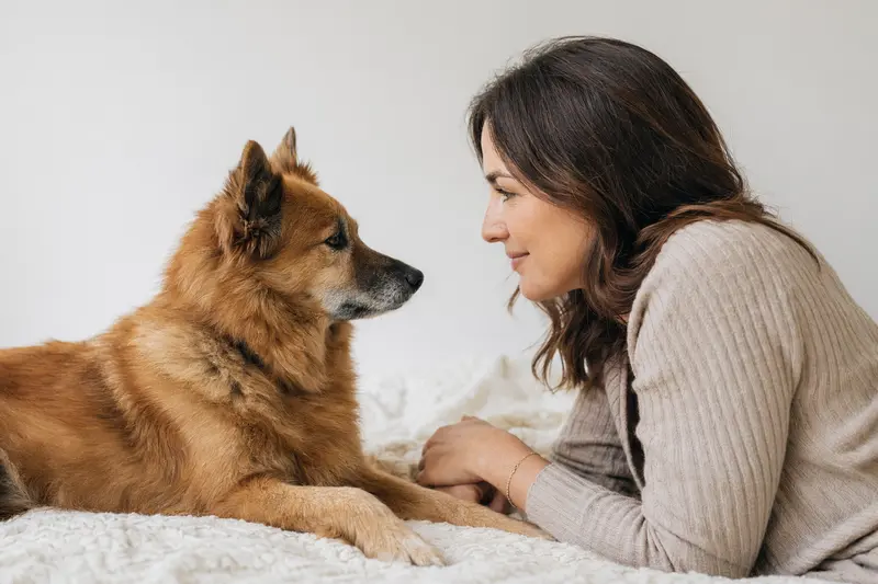 Ein aufmerksamer Norbottenspitz steht in natürlicher Haltung vor hellem Hintergrund, als realistisches Hundeportrait mit klaren Details.