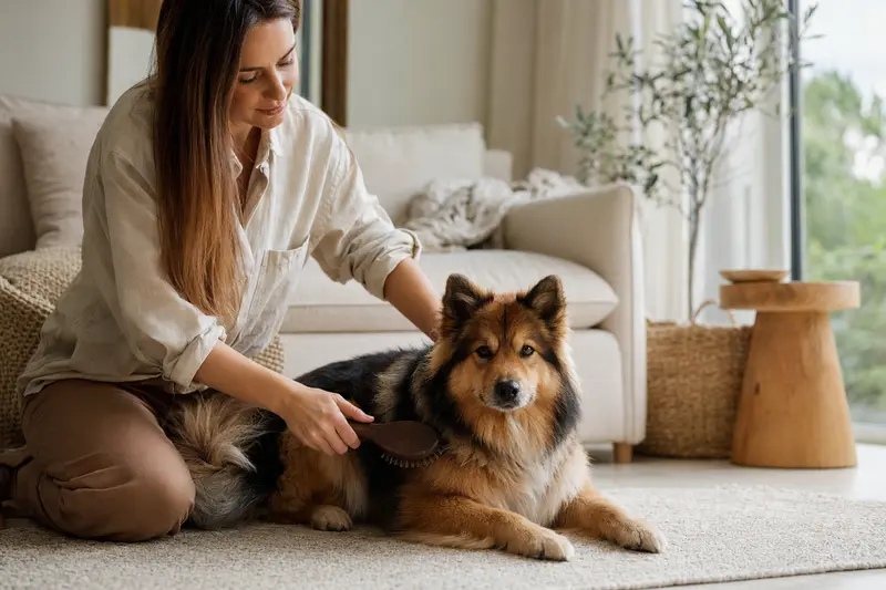 Ein Norbottenspitz wird zuhause sanft gebürstet, während sein Besitzer liebevoll die Fellpflege übernimmt.
