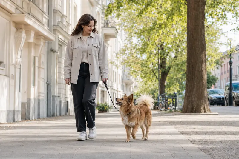 Ein Norbottenspitz läuft an der Leine mit seinem Besitzer durch eine freundliche Stadtstraße im Alltag.