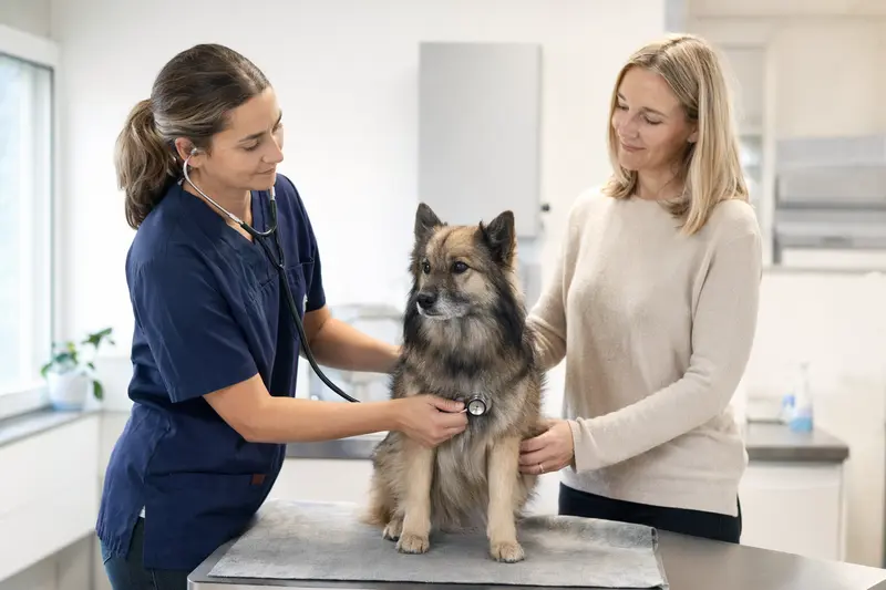 Eine Tierärztin untersucht einen ruhigen Norbottenspitz behutsam mit dem Stethoskop, während der Besitzer in der modernen Tierarztpraxis beruhigend danebensteht.