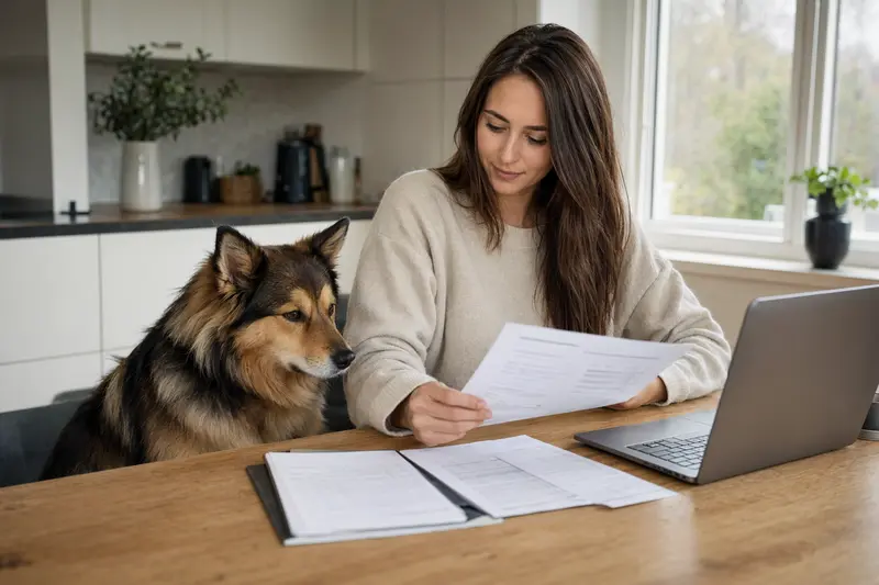 Ein Norbottenspitz sitzt ruhig neben seinem Besitzer am Küchentisch mit Versicherungsunterlagen und einem Laptop zu Tierversicherungen.