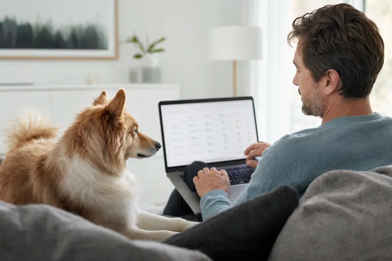 Ein Hundebesitzer arbeitet entspannt am Laptop auf dem Sofa, während neben ihm ein Norbottenspitz sitzt, die Bildschirmansicht zeigt einen neutrale Versicherungsvergleich.