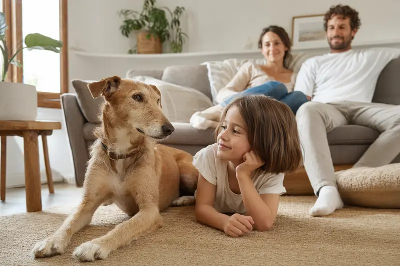 Ein freundlicher Nordafrikanischer Windhund liegt entspannt neben einem Kind im Wohnzimmer, während die Familie im Hintergrund eine sichere und warme Atmosphäre vermittelt.