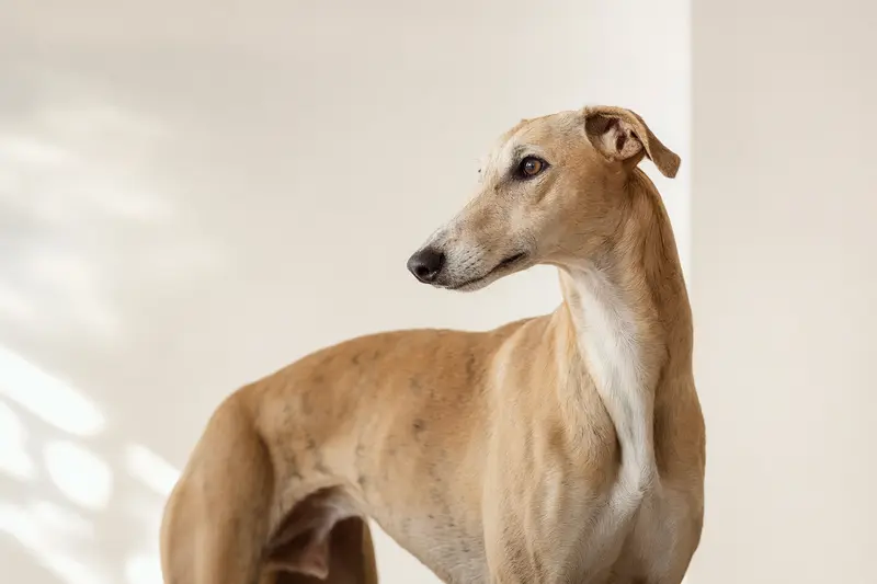 Ein Nordafrikanischer Windhund steht aufmerksam vor hellem Hintergrund und zeigt seine typische elegante Körperform im professionellen Tierportrait.