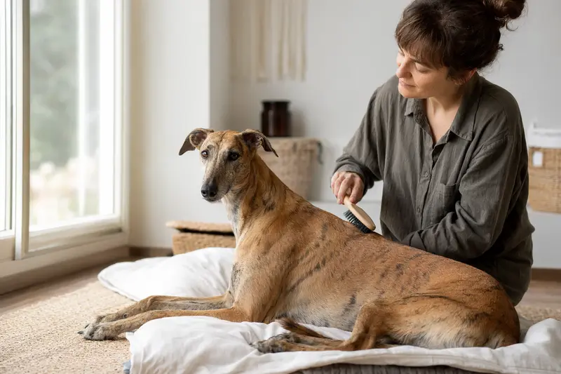 Ein Nordafrikanischer Windhund wird in einer hellen Wohnung von seinem Besitzer sanft gebürstet und gepflegt.