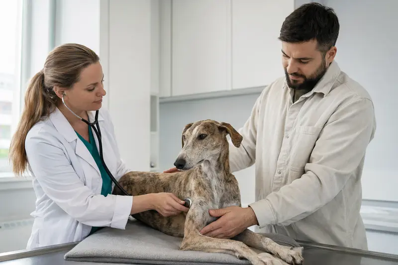 Eine Tierärztin untersucht einen ruhigen Nordafrikanischen Windhund behutsam mit dem Stethoskop, während der Besitzer in der hellen Tierarztpraxis beruhigend danebensteht.