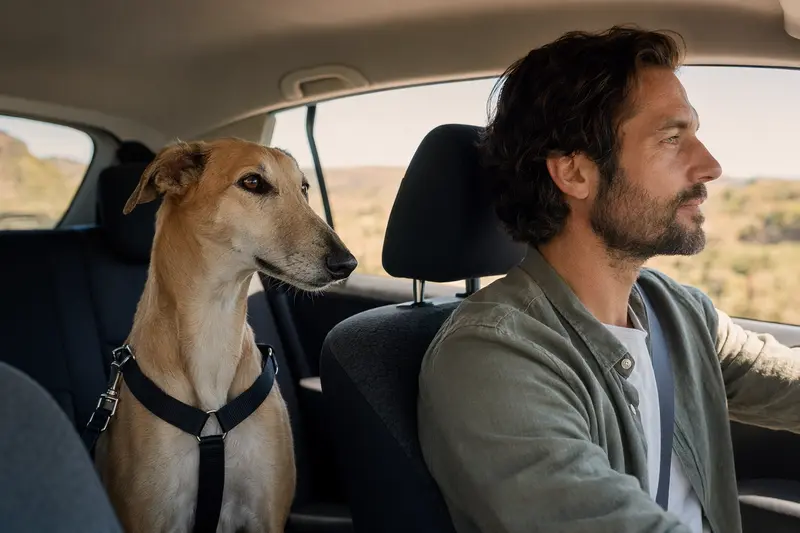 Ein Nordafrikanischer Windhund sitzt sicher angeschnallt auf der Rückbank eines Autos, während der Besitzer ruhig fährt.
