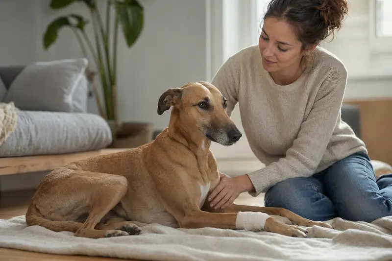 Ein Nordafrikanischer Windhund mit leicht verbundenen Pfote liegt ruhig auf einer Decke, während sein Besitzer erleichtert neben ihm sitzt.