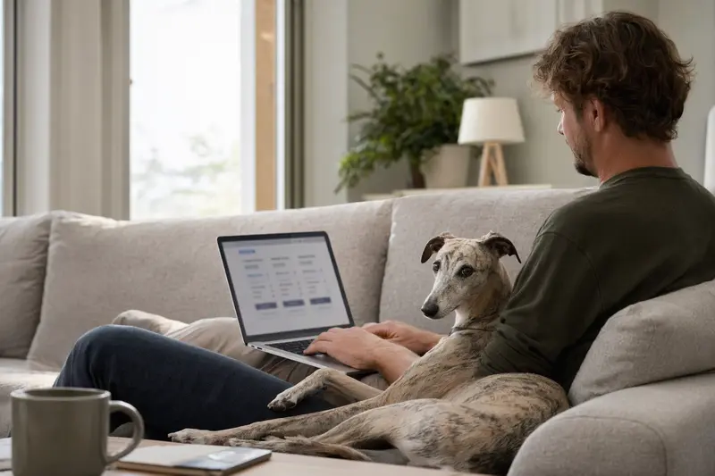 Ein Hundebesitzer arbeitet am Laptop auf dem Sofa, während ein Nordafrikanischer Windhund neben ihm sitzt, und zeigt eine Versicherungsvergleichsseite.