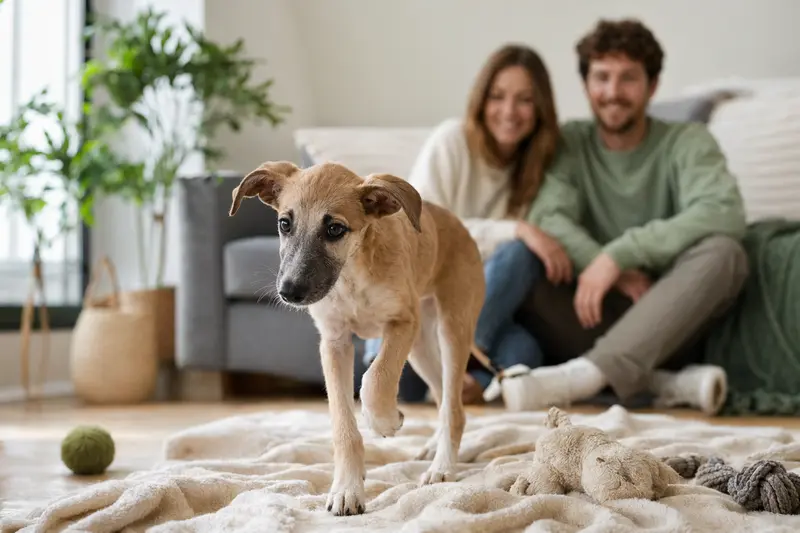 Junger Nordafrikanischer Windhund-Welpe erkundet neugierig sein neues Zuhause in einer hellen Wohnung mit weicher Decke und Spielzeug.