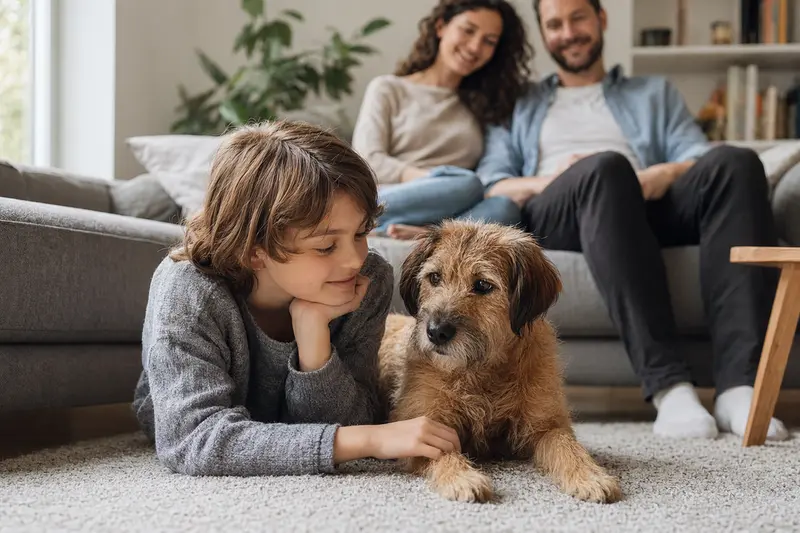 Ein freundlicher Norfolk Spaniel Hund liegt entspannt neben einem Kind im Wohnzimmer, während die Eltern im Hintergrund eine sichere Familienatmosphäre schaffen.