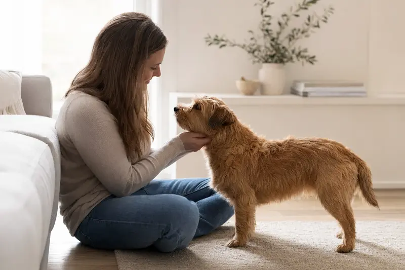 Ein Norfolk Spaniel steht aufmerksam in natürlicher Haltung vor hellem Hintergrund und zeigt die typische Fellstruktur der Rasse.