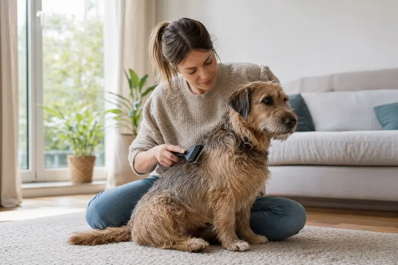 Ein Norfolk Spaniel wird zu Hause sanft gebürstet, während sich der Besitzer liebevoll um die Fellpflege kümmert.
