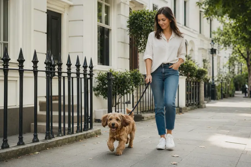 Ein Norfolk Spaniel läuft entspannt an der Leine mit seinem Besitzer durch eine saubere moderne Stadtstraße.